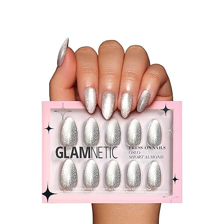 Glamnetic Press On Nails - Oslo | Short Almond Silver Shimmer Nails with a Cat Eye Finish | 15 Si... | Amazon (US)