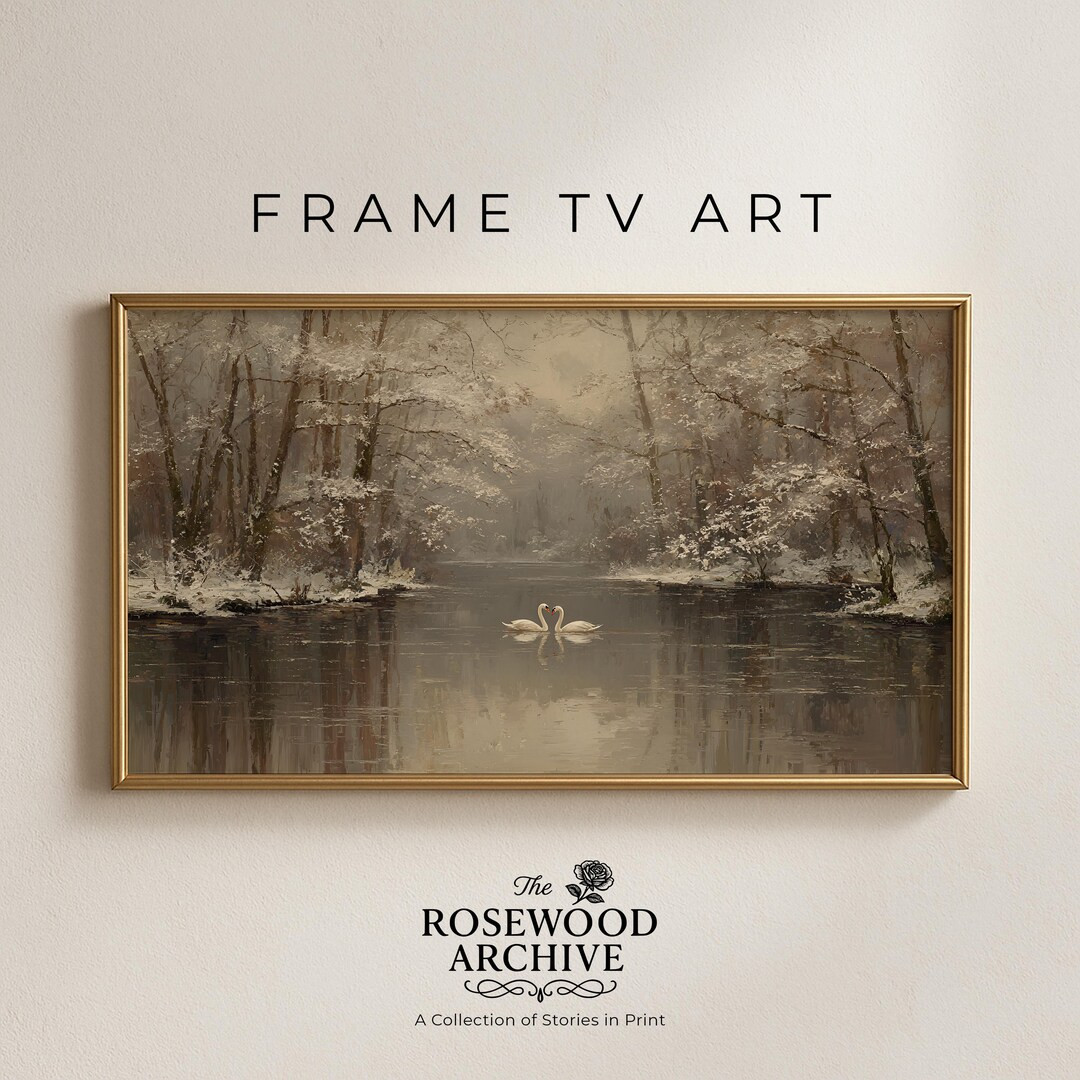 Rustic Winter Lake Swan Scene TV Art, Neutral Mirror Landscape Frame TV Art, Vintage Sepia Reflec... | Etsy (US)
