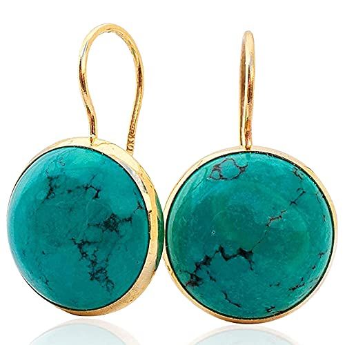 Turquoise Drop Earrings 14K Solid Gold - Beautiful 12mm Round Cut Natural Turquoise Gemstone Dece... | Amazon (US)