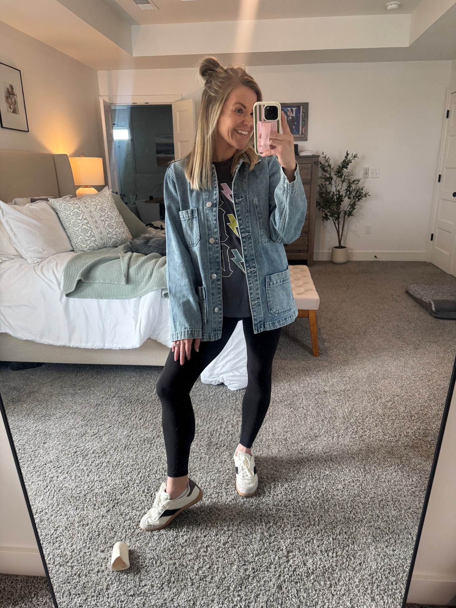 Quince denim jacket - sized down to xs 
Paragon leggings - affiliate code wellnessforthewin 
Target shoes on sale! Looove these so comfy. TTS 
Target graphic tee 



#LTKSaleAlert #LTKmomlife #LTKootd