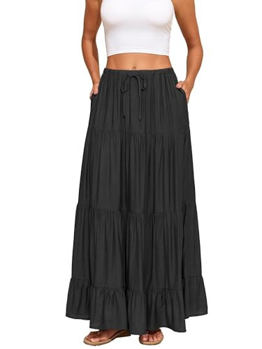 Capuffy Women Summer Boho Flowy Swing Maxi Skirt Tiered A-Line Skirts Elastic Waist Ruffles Pleated Beach Skirt with Pockets(Black,S) | Amazon (US)