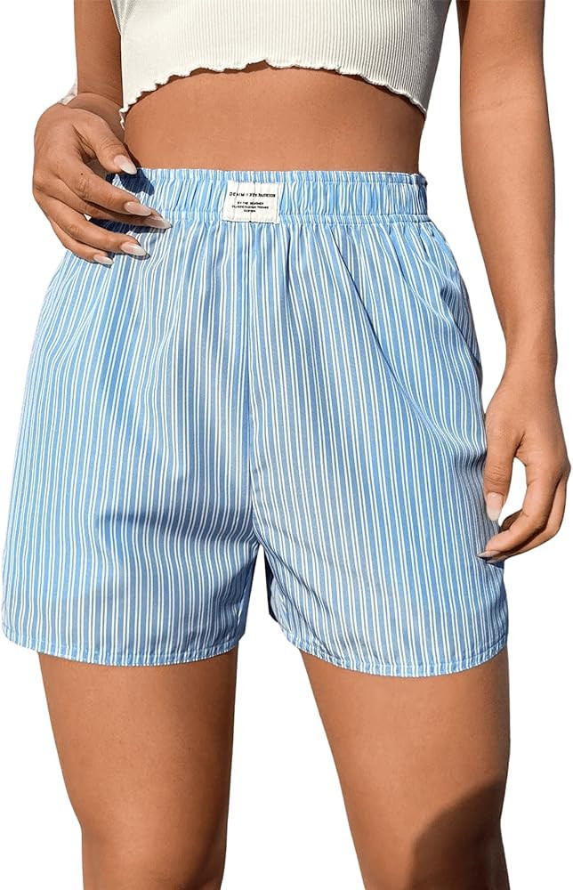 OYOANGLE Women's Summer Casual Striped Print Elastic Waist Mid Rise Straight Leg Shorts | Amazon (US)