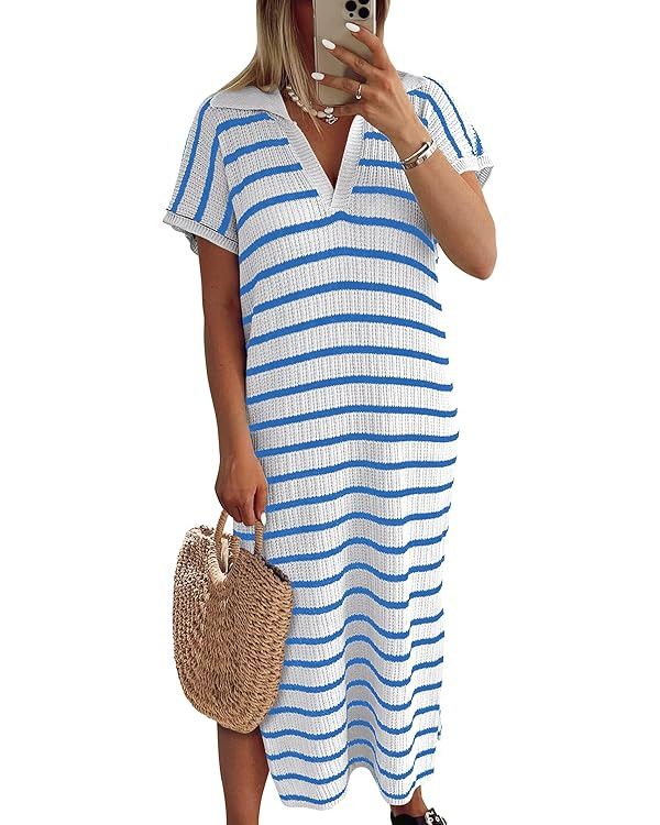 ANRABESS Women's Summer Striped Midi Dress 2025 Casual Short Sleeve V Neck Loose Knitted Side Sli... | Amazon (US)