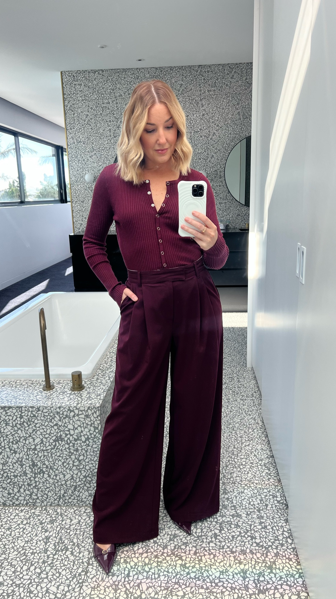 Full burgundy vibes for my Tea with Jules podcast recording! Ribbed long sleeves press stud top and pleated wide legs pants from Cotton On and patent low heels from Billini. ✨

#LTKaustralia #LTKstyletip #LTKshoes