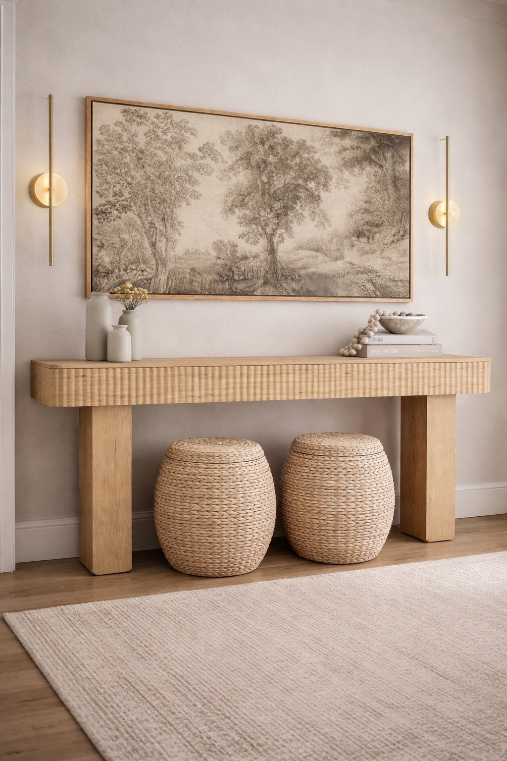Warm, neutral entryway goals ✦

Ribbed wood console, oversized vintage-style art, brass sconces, woven ottomans, and layered ceramics for that effortless European-modern look. Cozy, elevated, and designer-inspired without the designer price.

#LTKSaleAlert #LTKSpringSale #LTKHome