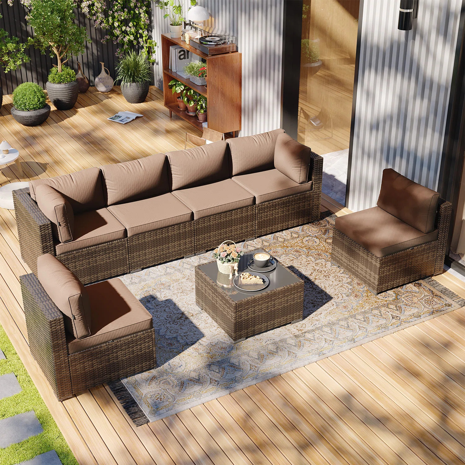 7 Pieces Outdoor Patio Furniture Set, With Cushions And Glass Coffee Table, Pe Rattan Outdoor Wic... | Wayfair North America