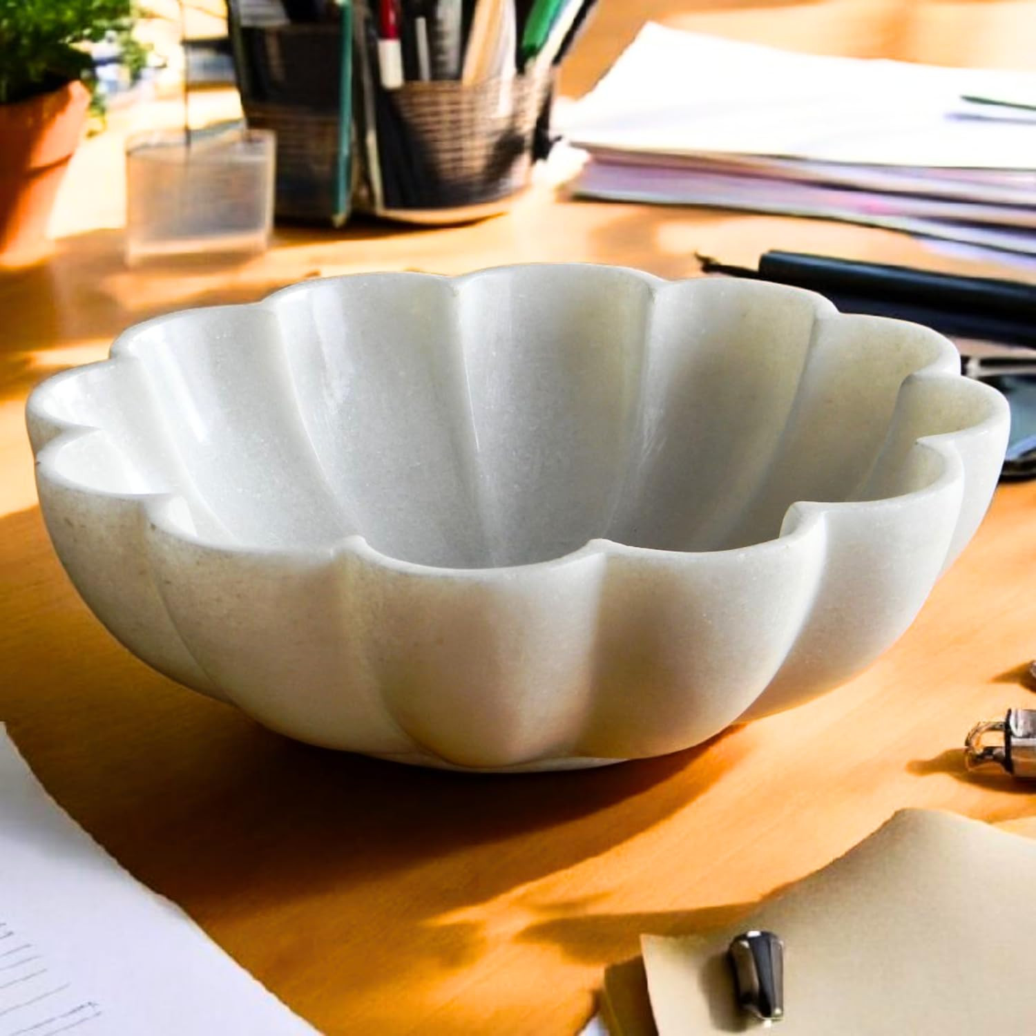 10" Large Ruffle Scalloped Bowl for Home Decor, Handcrafted White Marble Decorative Bowl – Entr... | Amazon (US)