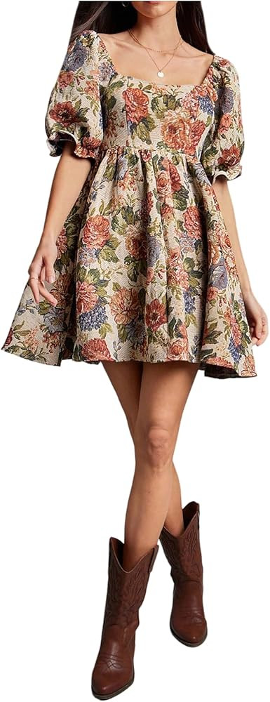 WDIRARA Women's Floral Square Neck Ruffle Short Dress Vintage Short Puff Sleeve Smocked A Line Dr... | Amazon (US)