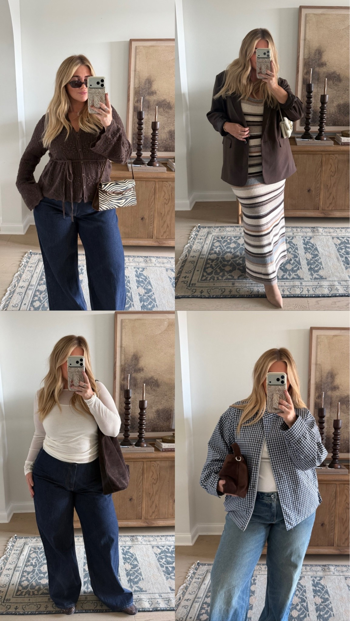 #AbercrombiePartner #ad @abercrombie  Adding these 2 new styles of jeans to my fall closet
staples! LOVE them both 🤍👖

White long sleeve — medium (stretchy)
Brown knit sweater — large
Striped dress large (could do a medium very stretchy)
Blazer — XL
Dark bandless jeans — 32 curve love long
Medium wash jeans — 32 curve love long
Jacket — large
Tank — medium
Trench coat — large