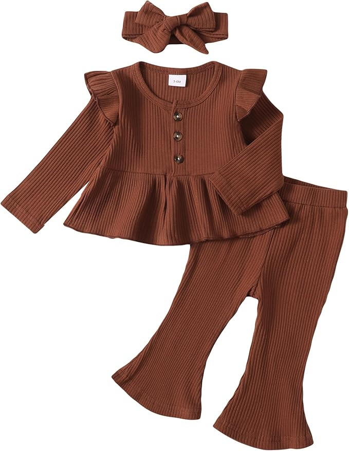 Baby Girl Clothes Toddler Girl Cotton Outfit Rib Long Sleeve Shirt Top Solid Pants Infant Girls S... | Amazon (US)