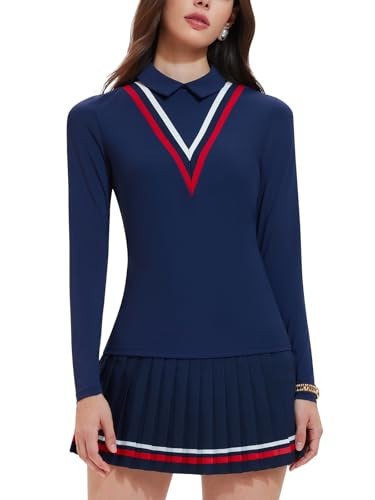 IUK Women's 2 Piece Tennis Set, Long Sleeve Polo Collar Top with Contrast Stripes & Pleated Skirt, Athletic Outfit for Golf Yoga | Amazon (US)