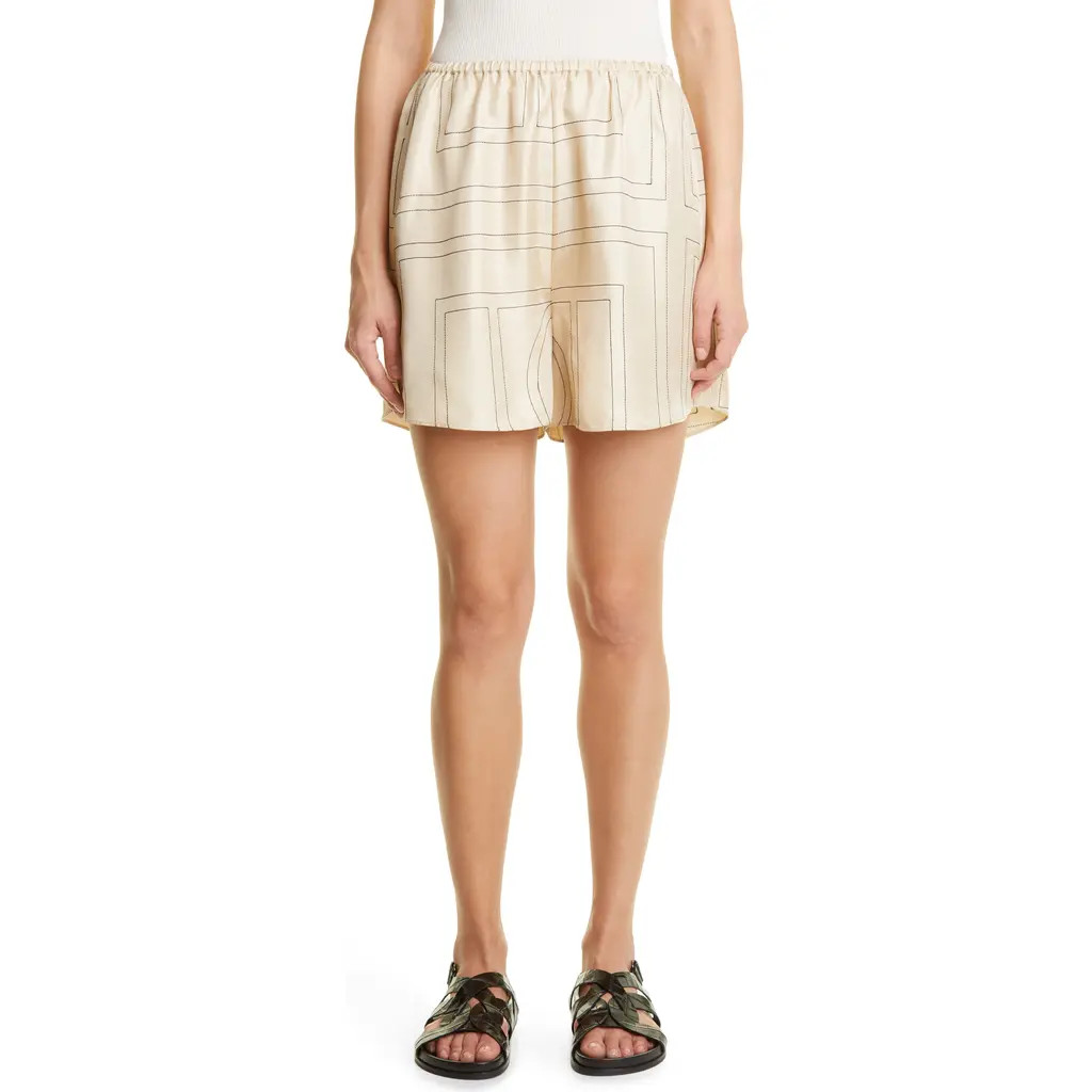TOTEME Monogram Pull-On Silk Shorts in Ivory Monogram at Nordstrom, Size 10 Us | Nordstrom