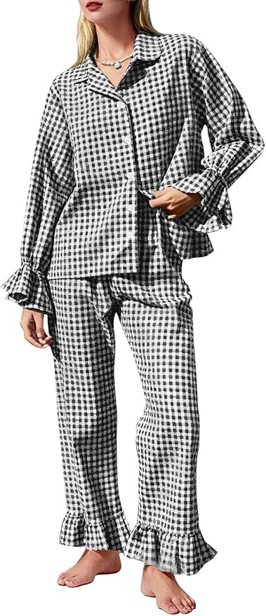 Flygo Womens Gingham Pajamas Sets Cotton Plaid Pjs Ruffled Sleeve Button Down Shirt Pants Y2k 2 P... | Amazon (US)
