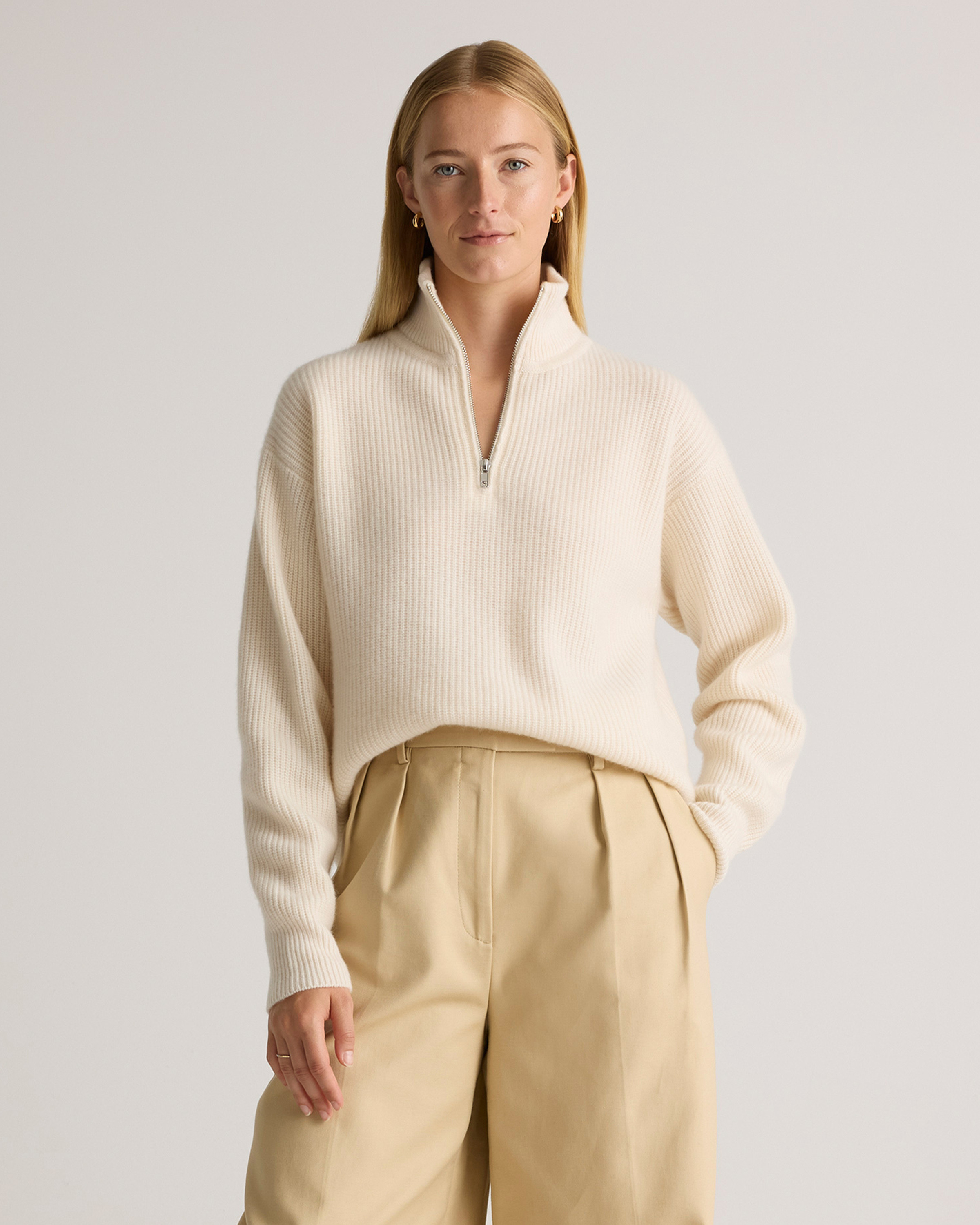 Quince | Women's Mongolian Cashmere Fisherman Quarter Zip Sweater in Ivory, Size Large | Quince