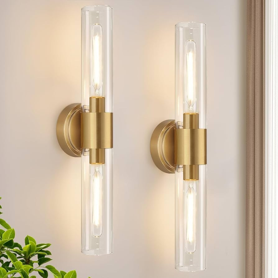 Wall Sconces Set of Two, Brushed Gold Bathroom Sconces Wall Lighting with Clear Glass, Hardwired ... | Amazon (US)