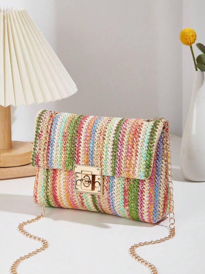 Colorful Woven Flap Straw Square Bag, Suitable For Vacation | SHEIN