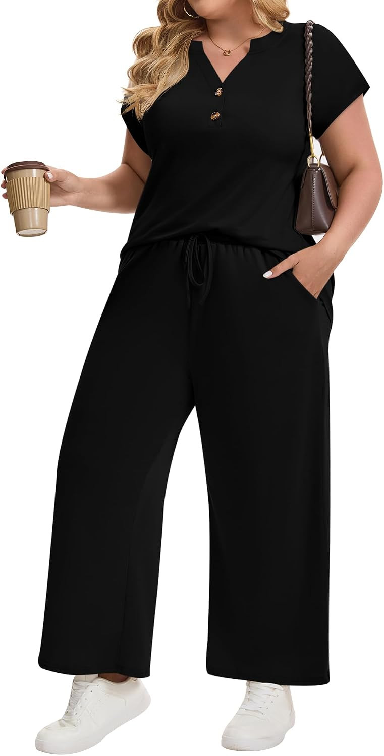 MK Shop Limited Plus Size Two Piece Lounge Sets for Women Summer Vacation Outfits Short Sleeve Tops Wide Leg Matching Set | Amazon (US)