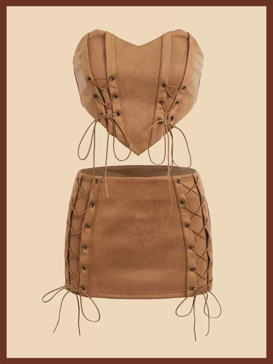 SHEIN ICON Lace Up Front Tube Top & Bodycon Skirt | SHEIN