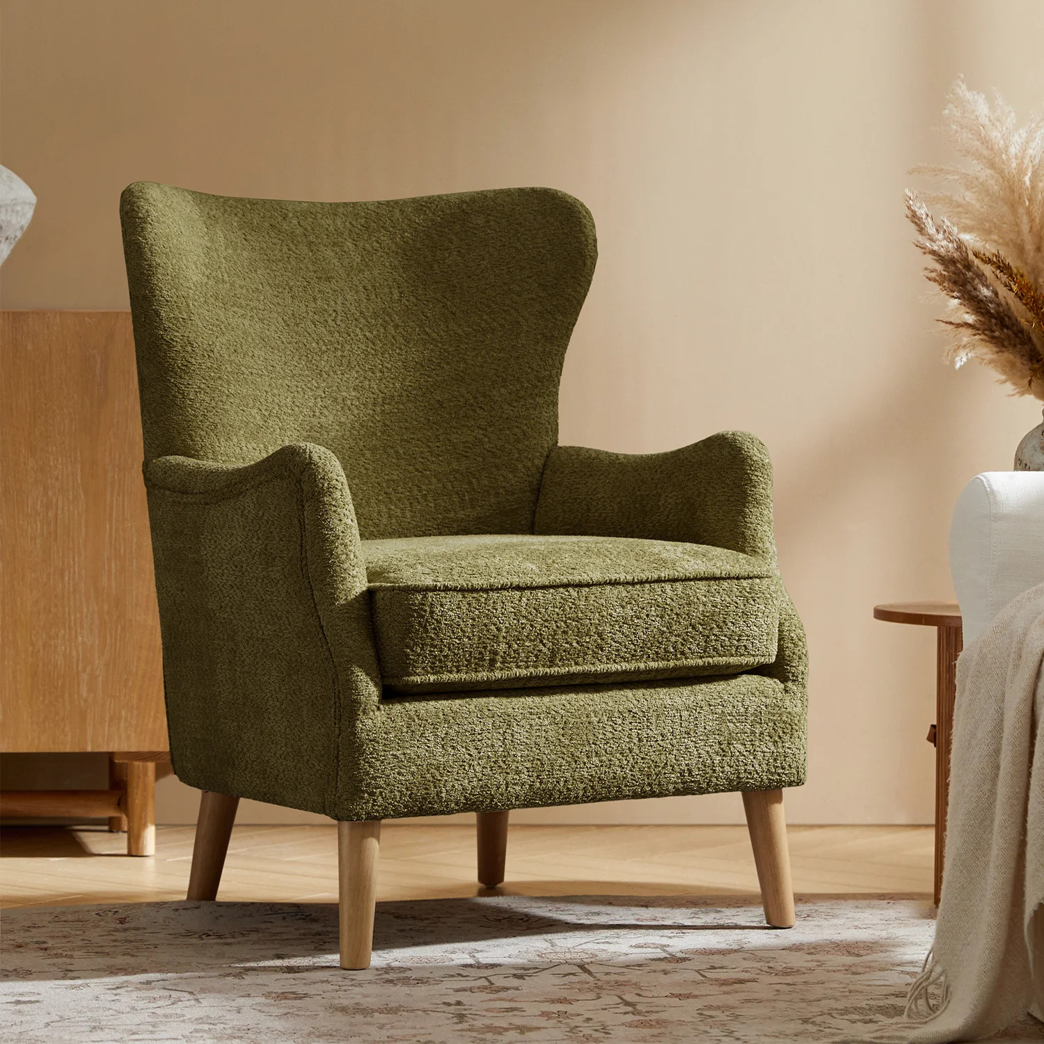 Caden 28.5" Modern Boucle Wingback Armchair With Solid Wood Legs | Wayfair North America
