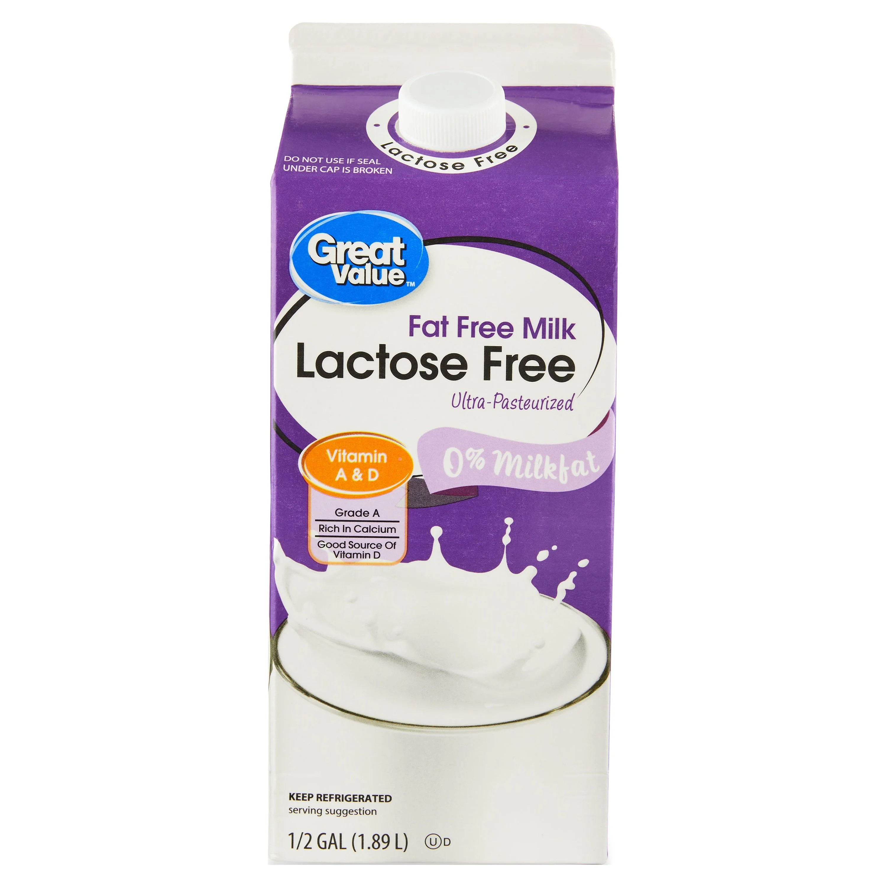 Great Value Lactose Free Skim Fat-Free Milk, Half Gallon, 64 fl oz | Walmart (US)