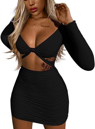 Women's Sexy Bodycon Deep V Neck Long Sleeve Cut Out Club Mini Dress | Amazon (US)