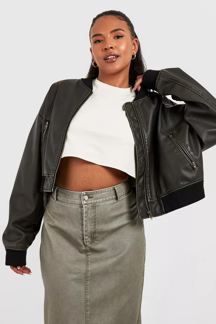 Plus Vintage Look Faux Leather Oversized Bomber Jacket | boohoo (US & Canada)