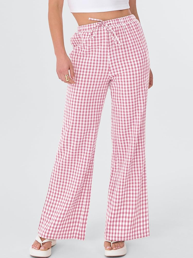 ANRABESS Women's Striped Gingham Pants 2026 Spring Pajama Lounge Boxer Pants Casual Wide Leg Draw... | Amazon (US)