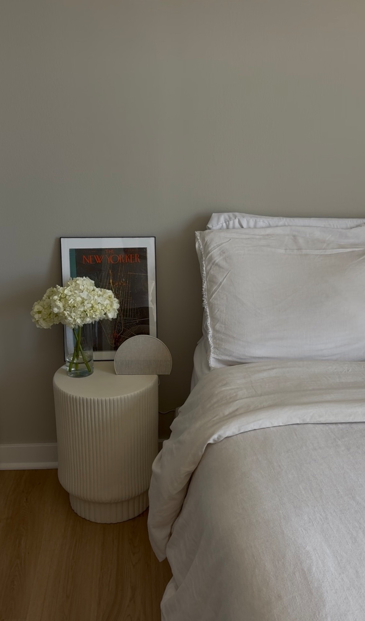 Bedside table/nightstand! I love to refresh with flowers and a luxury candle, linked some of my favorites! Print is from the Chelsea Market flea 