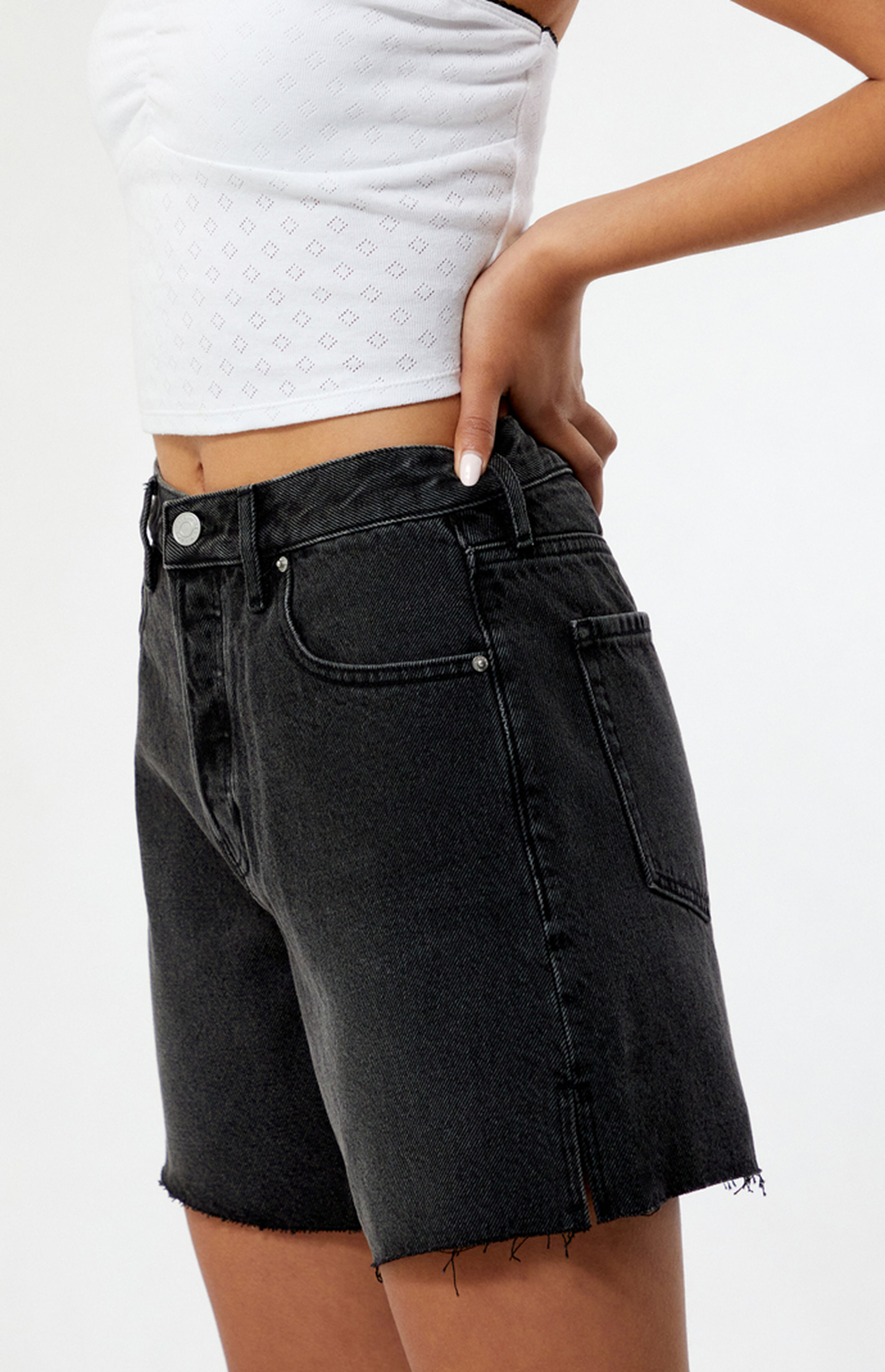 PacSun Eco Black High Waisted Raw Hem Relaxed Jorts | PacSun