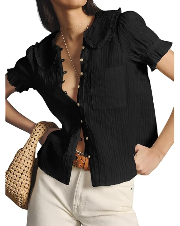 Tankaneo Womens Puff Sleeve Shirts Peter Pan Collar Button Down Cotton Blouse Casual Summer Textu... | Amazon (US)