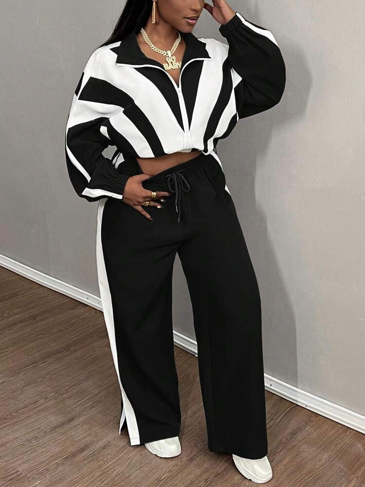 Slaydiva Women Color Block Drop Shoulder Zip Up Jacket And Pants 2 Pieces Casual Sportswear Set | SHEIN