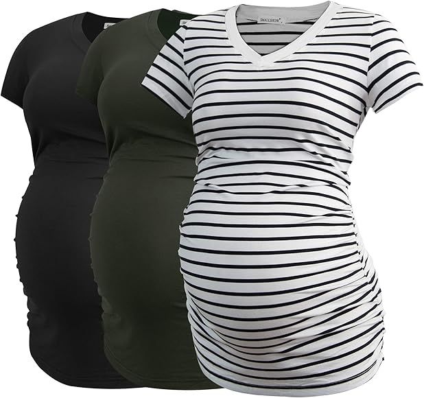 Smallshow Women's V Neck Maternity Shirt Side Ruched Tunic Pregnancy Short Sleeve Top Clothes 3-Pack | Amazon (US)