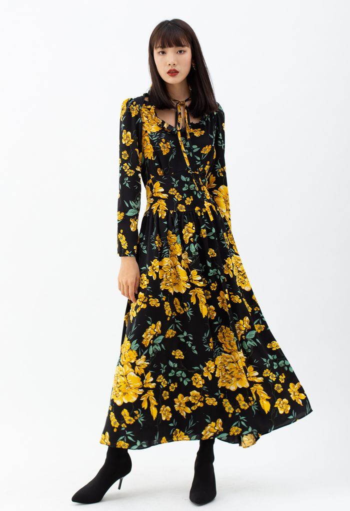 Floral Print Cutout Tied Neck Maxi Dress | Chicwish