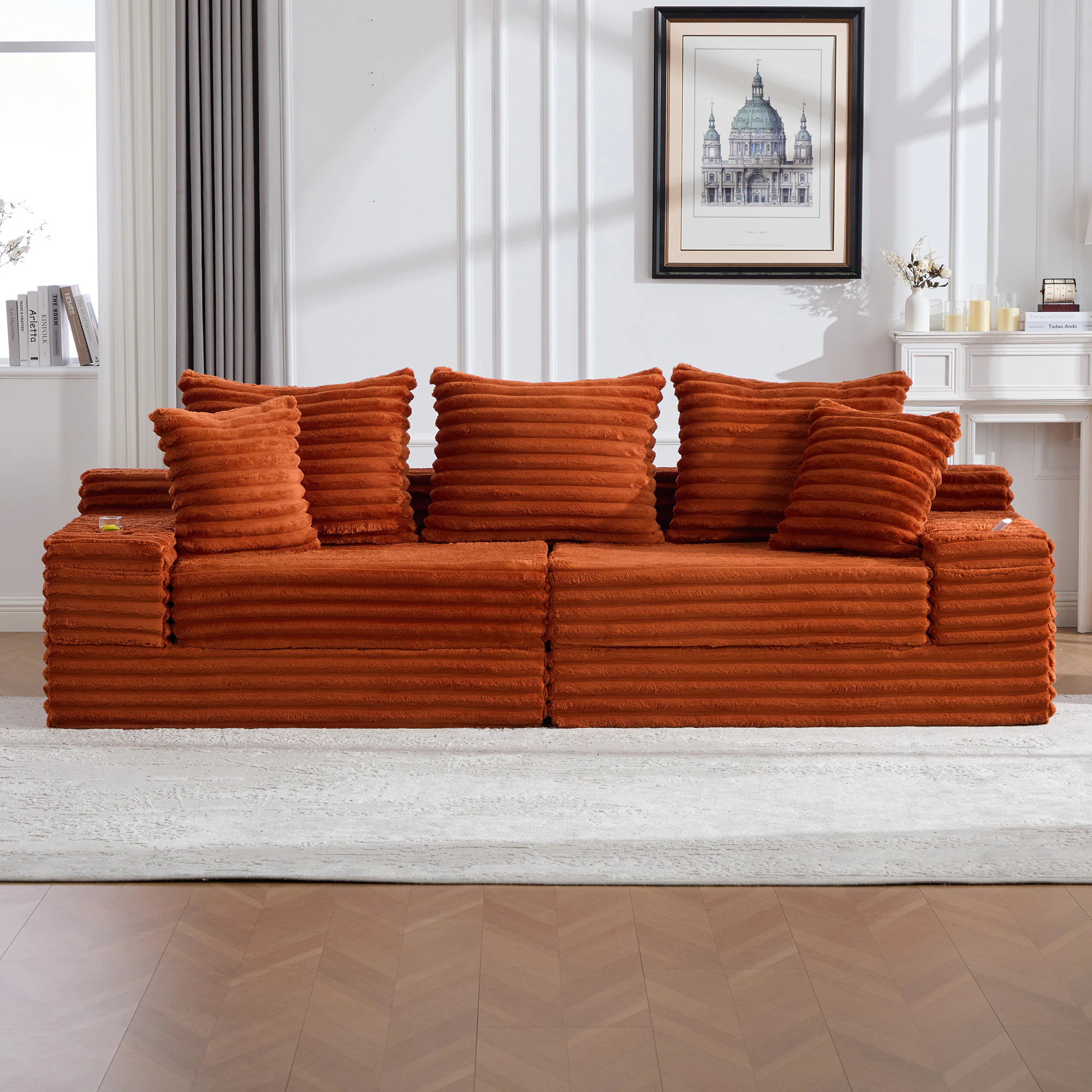 KTMBDW 4-in-1 Convertible Sofa Bed - Corduroy Boneless Couch with Cup Holder and Side Pockets - Futon Sofa Bed with Pillows for Living Room (Orange) | Lowe's