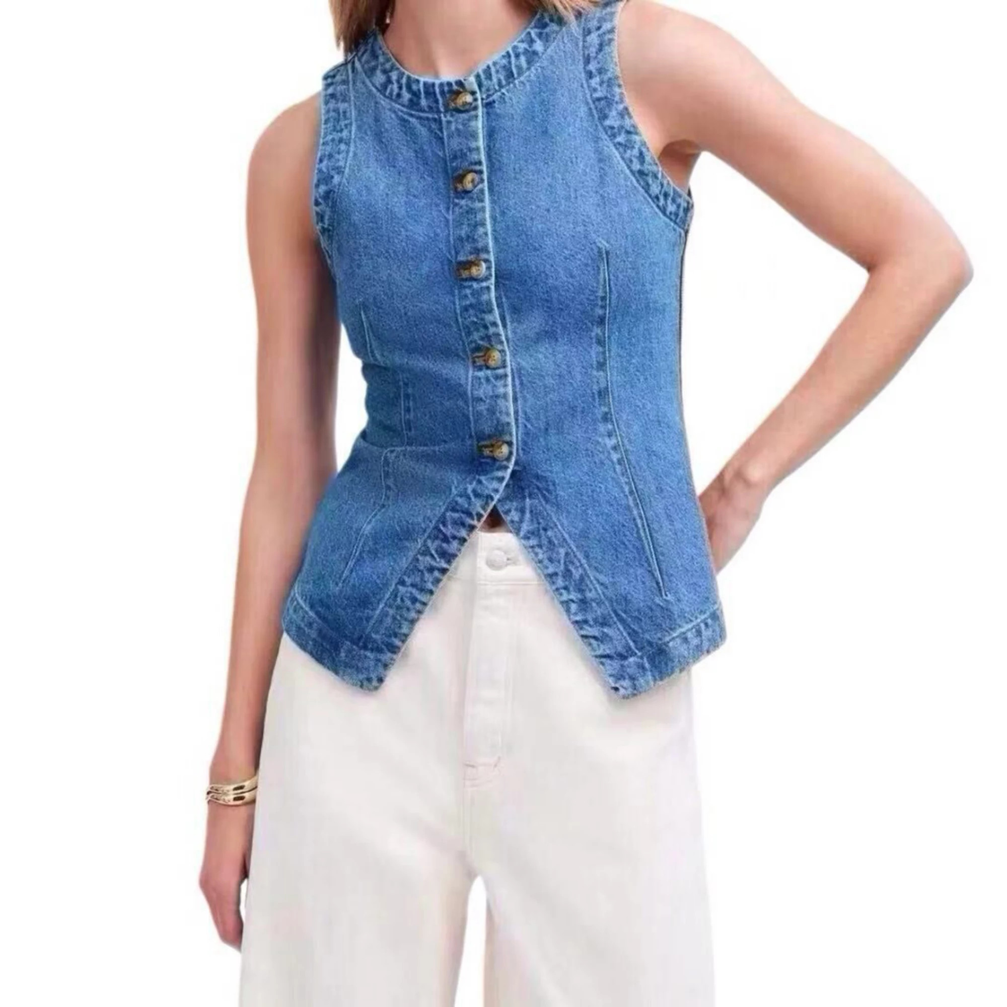 Womens Denim Vests Summer Casual Crew Neck Sleeveless Fitted Button Down Jean Tank Tops Waistcoat | Kohl's