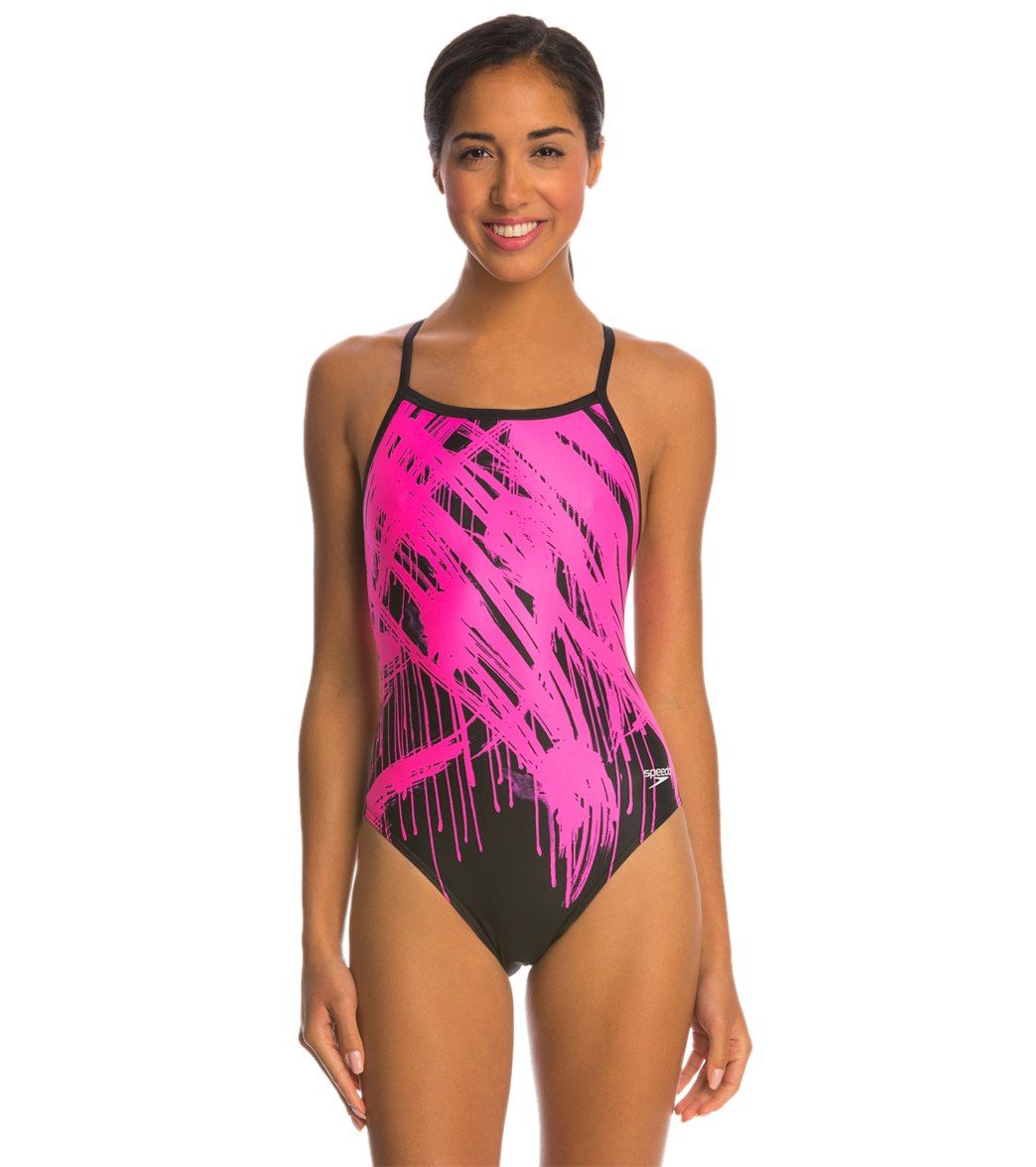 Speedo PowerFlex Eco Drip Splash Flyback One Piece Swimsuit - Pink - 26 | SwimOutlet.com