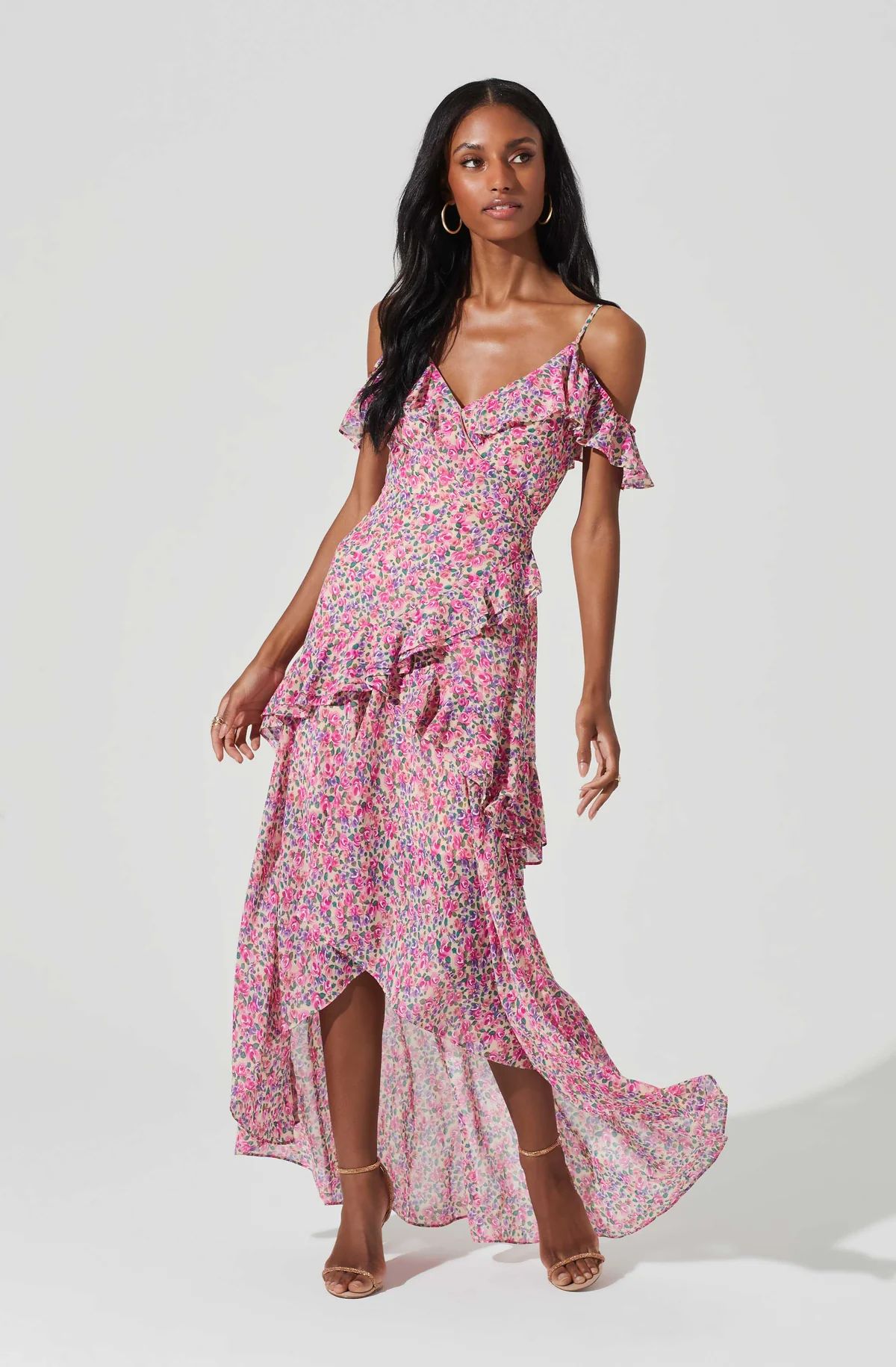 Pemberley Floral Ruffle Cold Shoulder Hi-Lo Maxi Dress | ASTR The Label (US)