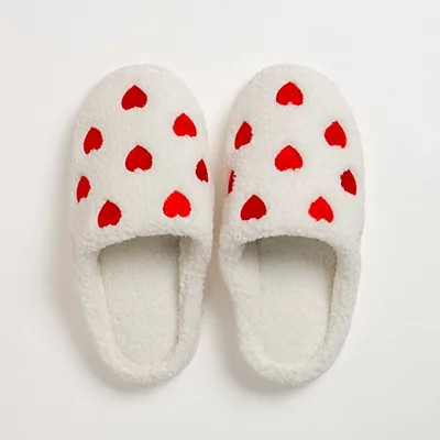 Small Heart Embroidered Slippers, White/Red, Small, Polyester | Kirkland's Home | Kirklands