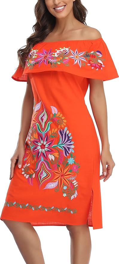 YZXDORWJ Women Mexican Embroidered Dress Ruffle Collar Sleeveless | Amazon (US)