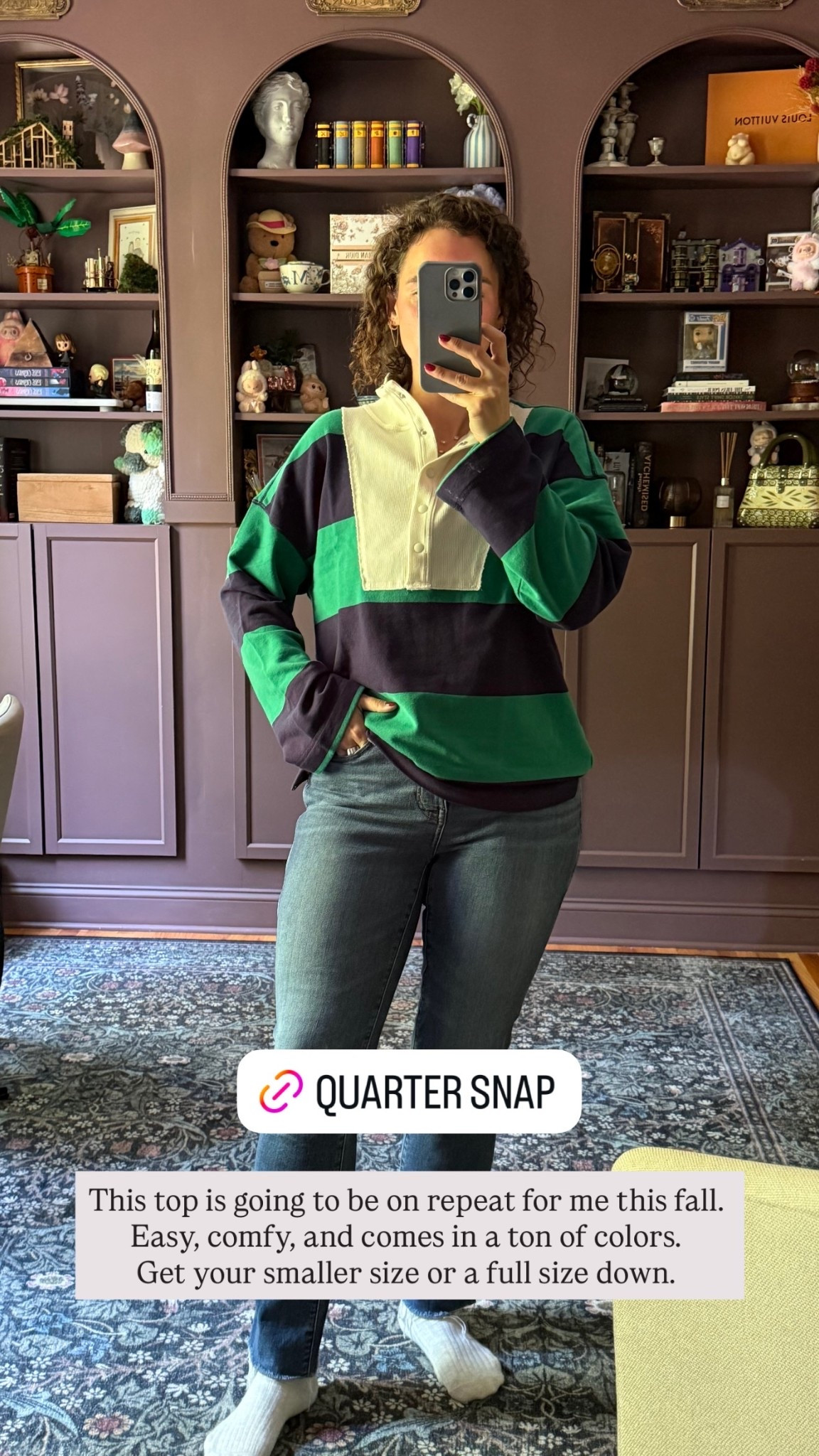 This top is going to be on repeat for me this fall. Easy, comfy, and comes in a ton of colors. 
Get your smaller size or a full size down.