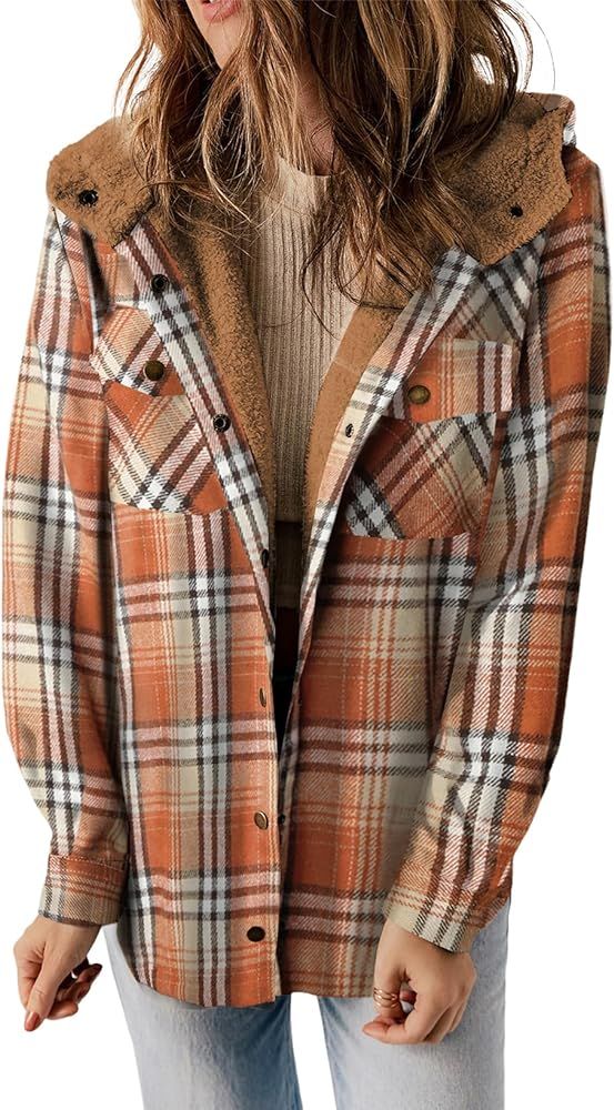 Dokotoo Womens Plaid Shacket Jacket Long Sleeve Button Down Fleece Hooded Jackets Warm Coat | Amazon (US)