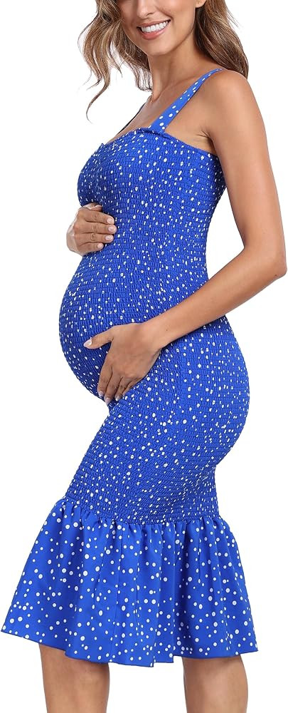 Summer Tank Maternity Dress Sleeveless Strappy Floral Midi Bodycon Square Neck Ruffle Mermaid Smo... | Amazon (US)