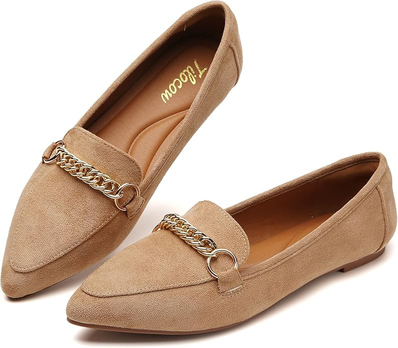 Tilocow Metal Chain Loafers for Women Pointed Toe Slip on Flats Comfortable Fashion Work Shoes | Amazon (US)