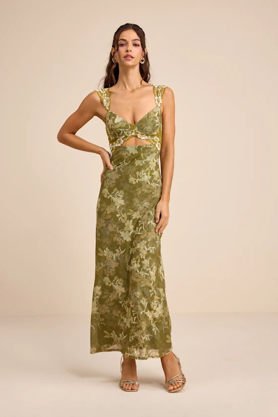 Endlessly Cute Green Floral Mesh Cutout Lace Bustier Maxi Dress | Lulus