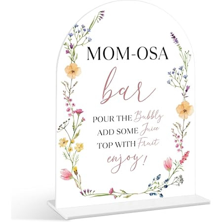 Mom-osa Bar Sign - Wildflower Baby Shower Sign, 1 Pack Arch Acrylic Sign with Stand, Gender Reveal Party Table Decor, Floral Baby Shower Supplies (SE49) | Amazon (US)