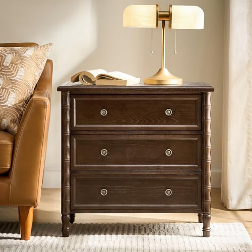 HULALA HOME Solid Wood End Table with Bamboo-Inspired Frame, 28" Wide Endtable with Charging Station, 3 Drawer Side Table for Living Room, Walnut | Amazon (US)