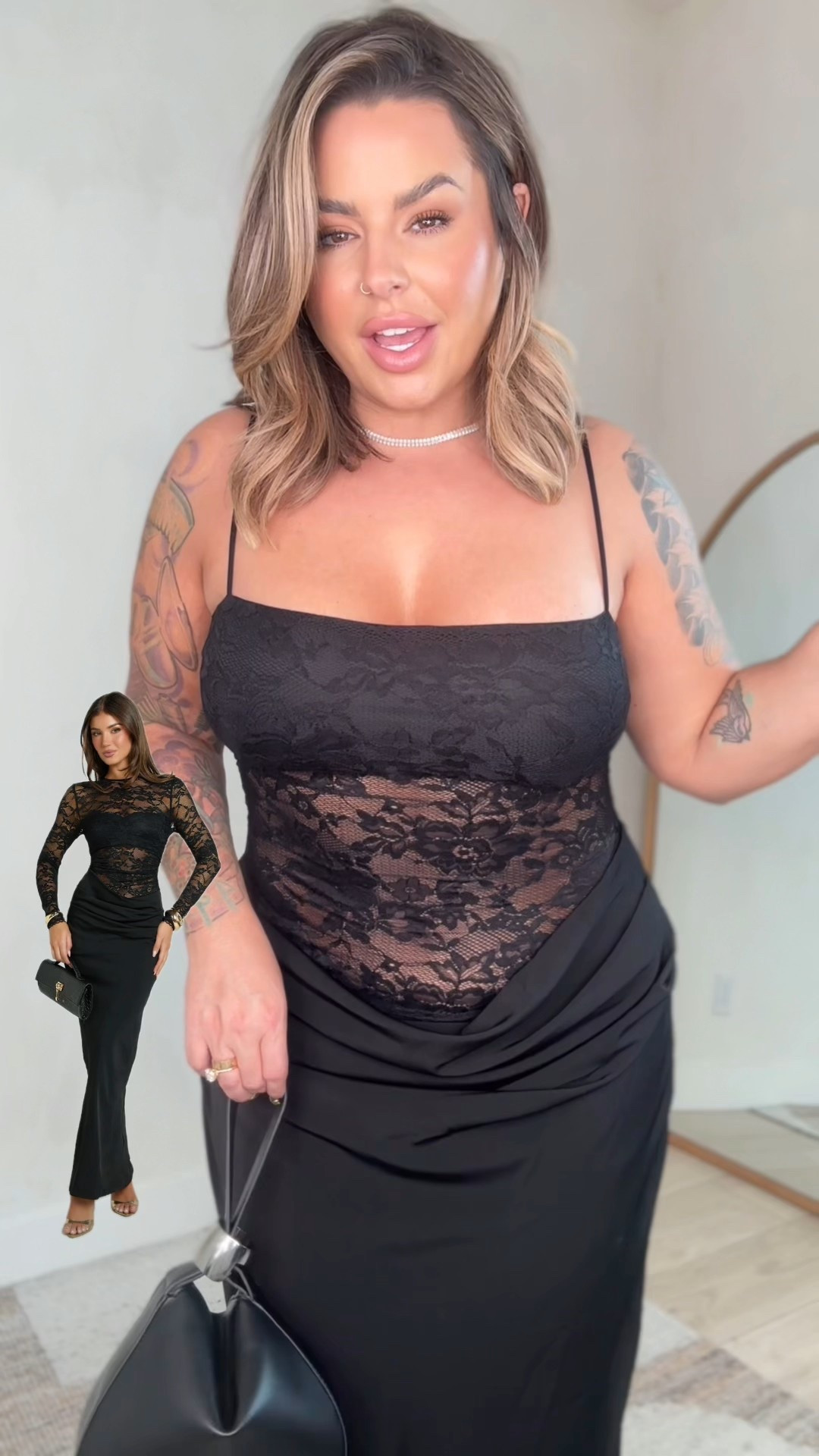 It comes in long sleeve version as well. Also linked that one. I’m wearing a size 12. Fits perfectly and the lace part is stretchy . It also has adjustable straps as well. I’m 5’5 for reference. 

My heels are old can’t link. 
Bag is from Nordstrom rack also can’t link. 

#LTKHoliday #LTKFindsUnder100 #LTKWedding