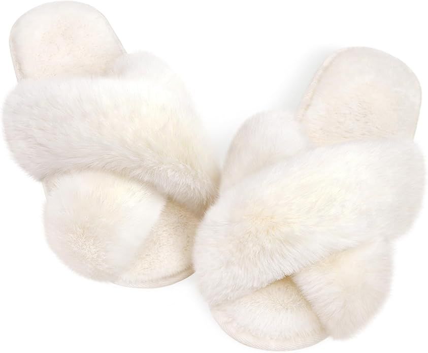 Homitem Womens Slippers Fuzzy Cross Band House Slippers Soft Plush Memory Foam Slip on Open Toe Cozy | Amazon (US)