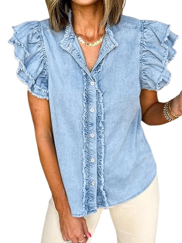 Chvity Summer Women's Button Down Denim Tops Ruffled Flutter Sleeve Blouse V Neck Casual Shirt To... | Amazon (US)