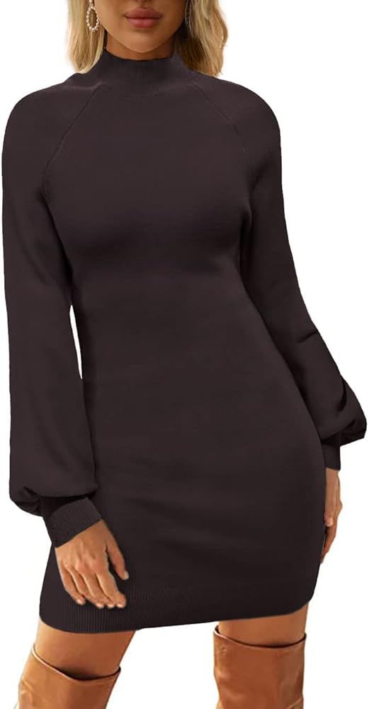 LEANI Womens Puff Long Sleeve Sweater Dress Mock Neck Bodycon Knit Mini Dress | Amazon (US)